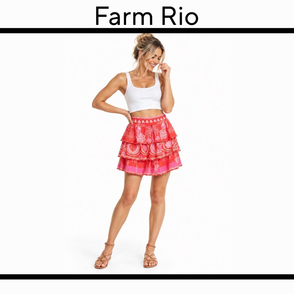 FARM Rio Summer Sunrise Mini Skirt Tropical Prints Tiered Pink Size XL